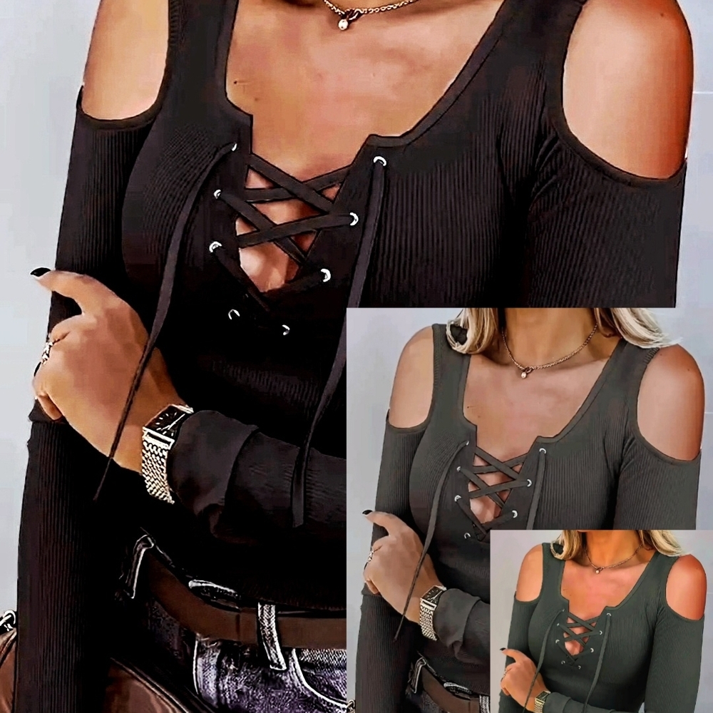Elegant Black Cold Shoulder Lace-Up Blouse 3 Tops NWOT - Ships Free
